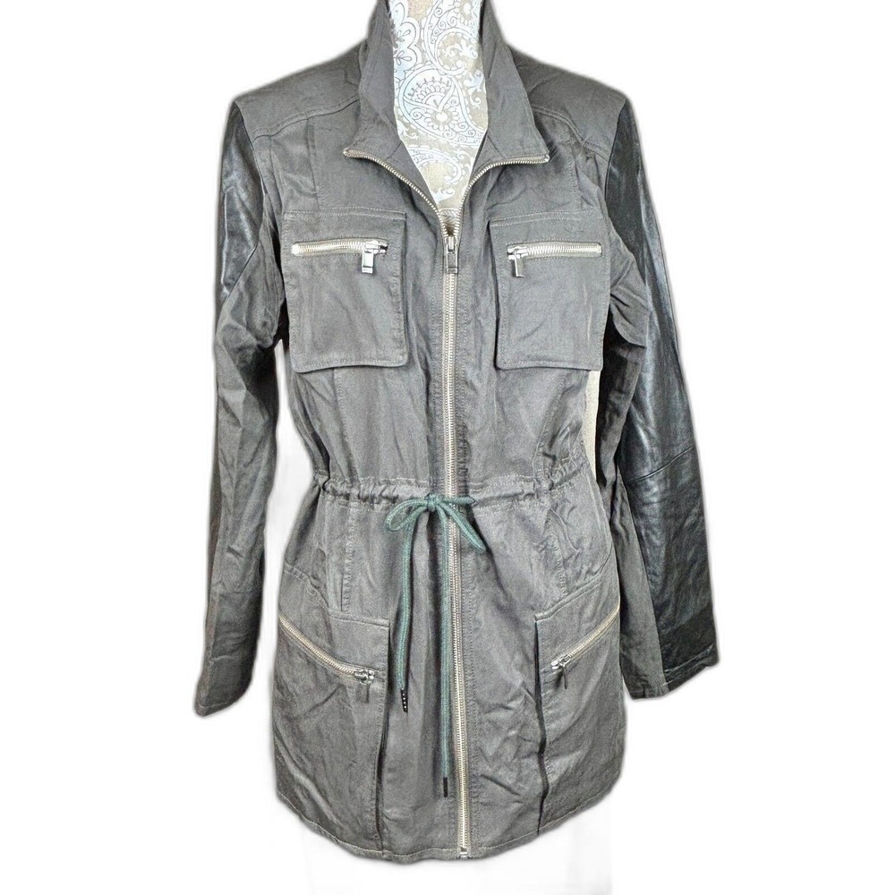 AS by DF Mixed Fabric Leather & Tencel Utility Jacket Green Black Size Large - Picture 2 of 8